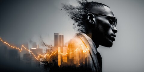 Image of a businessman overlaid with a big city and stock chart lines