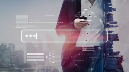 User authentication and password protection concept showing secure login, privacy safeguard, data...