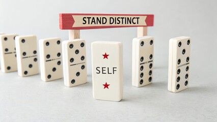 Stand Distinct Sign with Self Domino in Front of Aligning Dominos