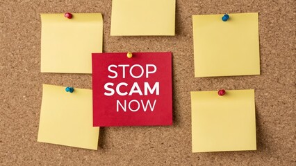 Fototapeta premium Stop Scam Now Message Amid Yellow Notes on Corkboard Surface