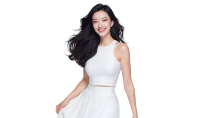 Beautiful Asian woman with long, flowing dark hair and a bright smile, elegance in a white outfit, isolated on transparent background