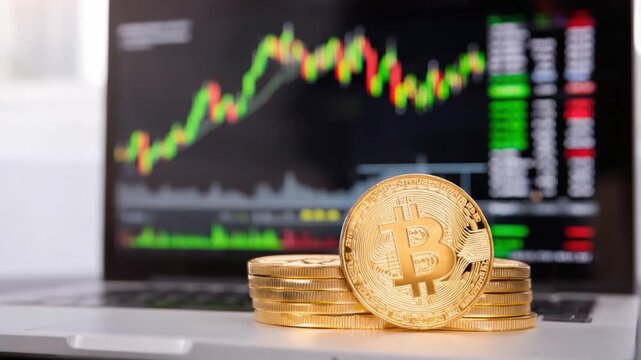 Cryptocurrency Trading Insight: A bitcoin coin poised atop a stack of its peers, set against the vibrant backdrop of market indicators on a laptop screen.
