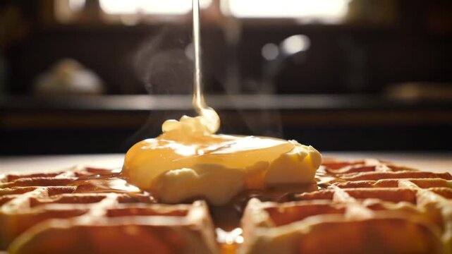 Golden syrup drizzling onto a delicious waffle with cream, creating a tempting breakfast moment for a sweet start to your day