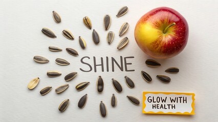 Sunflower Seeds and Apple on Table with Shine and Health Concept