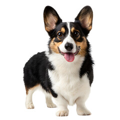 Fototapeta premium Cute tricolor pembroke welsh corgi dog with its tongue out, looking at the camera, isolated on transparent background