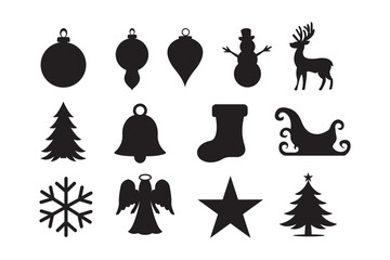 Christmas Silhouette Vector Set – Black Holiday Icons – Reindeer, Snowman, Tree, Star, Bell, Angel, Snowflake