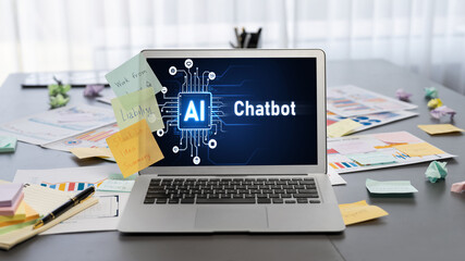 Sticky note for creative and analytic brainstorm for business idea with BI data dashboard on laptop screen. Analysis financial data visualization tech for marketing strategy. Prodigy