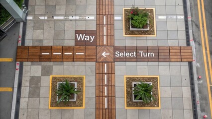 Urban Intersection with Plant Beds and Directional Signage at Crossroads