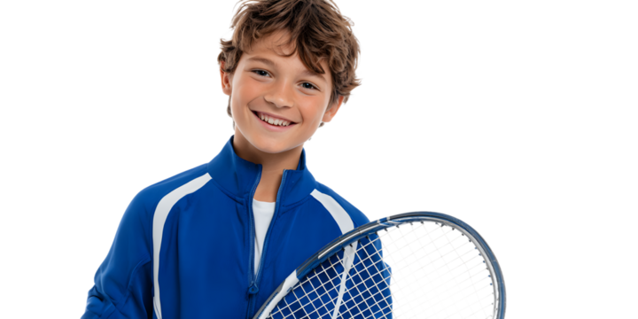 Young boy with curly brown hair wearing a blue jacket and holding a tennis racket, isolated on transparent background