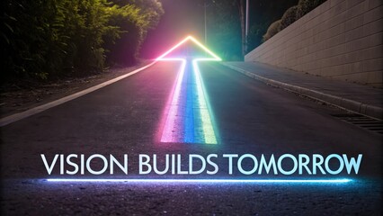 Vision Builds Tomorrow with Arrow Sign in Neon on Dark Road