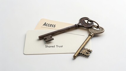 Vintage Keys with Access and Shared Trust Cards on White Background