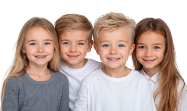 Group of adorable smiling children isolated on transparent background