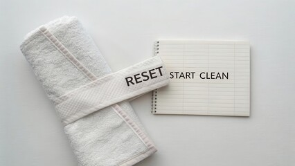White Towel with RESET Message and Clean Notepad on White Surface