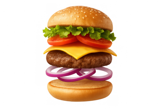 Deconstructed cheeseburger with flying ingredients, a delicious fast food hamburger assembling over a transparent background