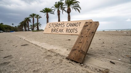 Wooden Sign on Beach with Inspirational Message and Palm Trees