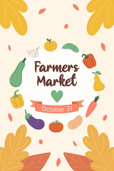 Vertical poster for farmers market. Pattern of seasonal vegetables, autumn leaves and inscription in round frame. Banner, flyer, or postcard for harvest festival on beige background in flat style