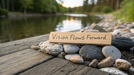 Wooden Sign on Pebble Shoreline with Calm Water Reflection