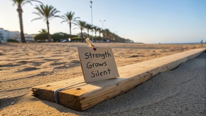 Wooden Sign on Beach with Inspirational Message at Sunset