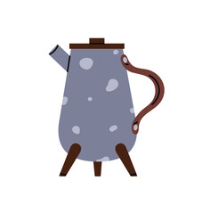 Spotted teapot for cooking coffee, herbal drinks. Tea pot with lid and legs for preparing hot beverages. Modern kettle to boil water, brew herbs. Flat isolated vector illustration on white background