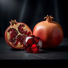 Pomegranate Still Life with Ruby Gemstone on Dark Surface.