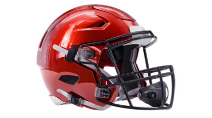 A shiny red american football helmet with a black face mask, isolated on transparent background