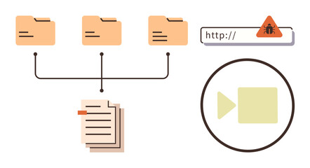 Folder hierarchy connected to documents, web URL with malware warning, and video play button in a circle. Ideal for cybersecurity, documentation, data management, online safety, virus protection, web