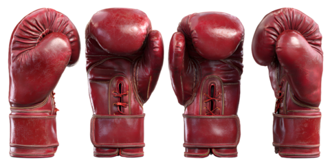 Four red boxing gloves facing forward, isolated on transparent background