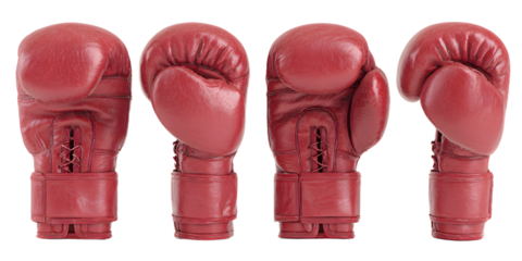 Four red boxing gloves in a line, isolated on transparent background