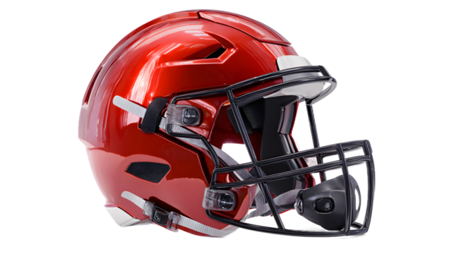 A shiny red american football helmet with a black face mask, isolated on transparent background