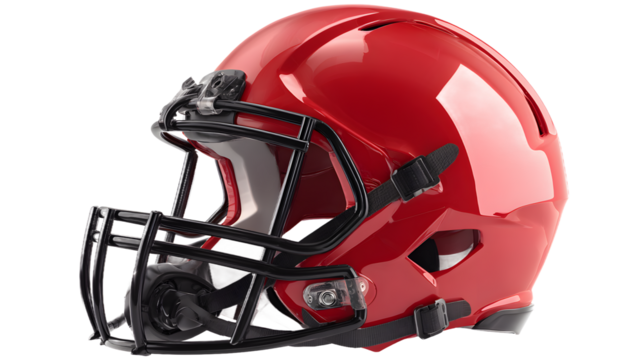 A vibrant red american football helmet with a black face mask, isolated on transparent background