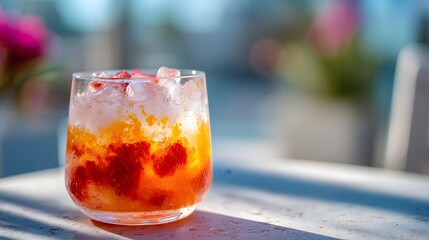 Vibrant layered fruit cocktail with ice cubes rests on an outdoor surface under bright sunlight