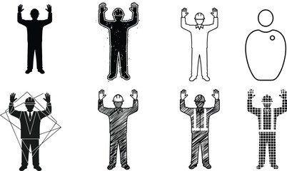 Construction worker silhouette, safety uniform, raised hands, industrial pose, vector illustration, engineering concept, worker safety design, professional labor, job protection icon