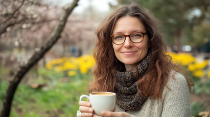 Woman enjoying coffee in a scenic park setting on international coffee day celebration. Horizontal banner. Copy space