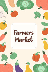 Vertical poster for farmers market. Pattern of seasonal vegetables and inscription in square frame. Banner, flyer, or postcard for harvest festival on beige background in flat style. Autumn and