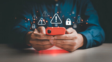 Person Holding Glowing Red Smartphone with Large Exclamation Mark Warning Icon and Flying Digital Padlock Symbols Illustrating Mobile Cyber Security Threat and Data Protection Risk