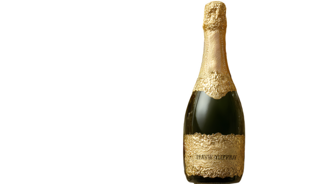 Modern golden vertical layout for New Year 2026 showcasing champagne bottle surrounded by ribbons, pearls, and festive gold confetti with elegant depth lighting, isolated on white background