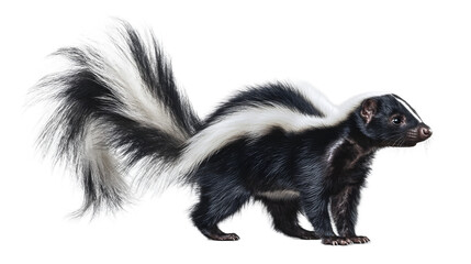 Naklejka premium A black and white skunk with a bushy tail stands on a transparent background, isolated on transparent background