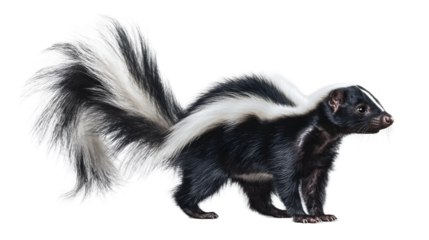 A black and white skunk with a bushy tail stands on a transparent background, isolated on transparent background