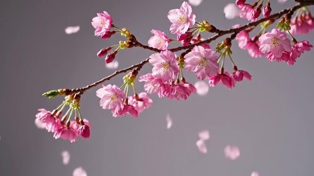 Branch with pink flowers in full bloom.  Petals falling against a solid gray background