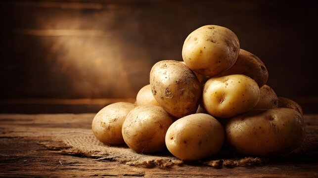 Pile of fresh tubers rests upon rough burlap fabric against a dark, rustic wooden backdrop