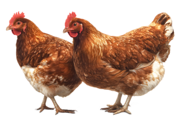 A pair of brown chickens with speckled feathers, isolated on transparent background