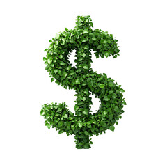 3D dollar sign symbol formed from green plant vines, 8k photorealistic render isolated on white.