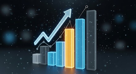 A glowing bar graph with an upward trending arrow and line on a dark background with bokeh lights