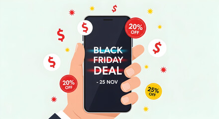 Gleaming black phone showcasing Black Friday savings in hand deals and dollar signs abound on