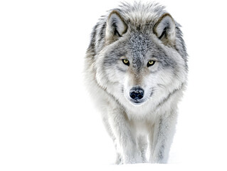 A grey wolf with a white chest and piercing yellow eyes walks forward in the snow, isolated on transparent background