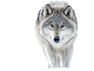 A grey wolf with a white chest and piercing yellow eyes walks forward in the snow, isolated on transparent background