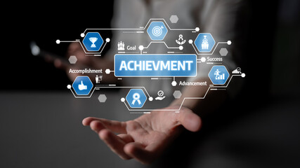 This image illustrates the concept of achievement with various graphical icons symbolizing success, goals, and personal advancement in a digital format. Tessel