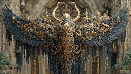 Dark tech temple with cascading blue code behind golden digital scarab wall art