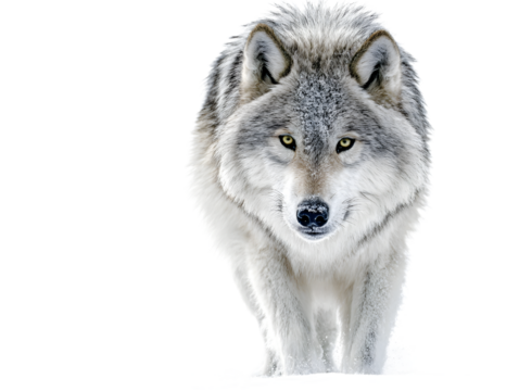 A grey wolf with a white chest and piercing yellow eyes walks forward in the snow, isolated on transparent background