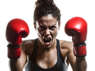 Aggressive female boxer with red gloves shouting with determination, isolated on transparent background